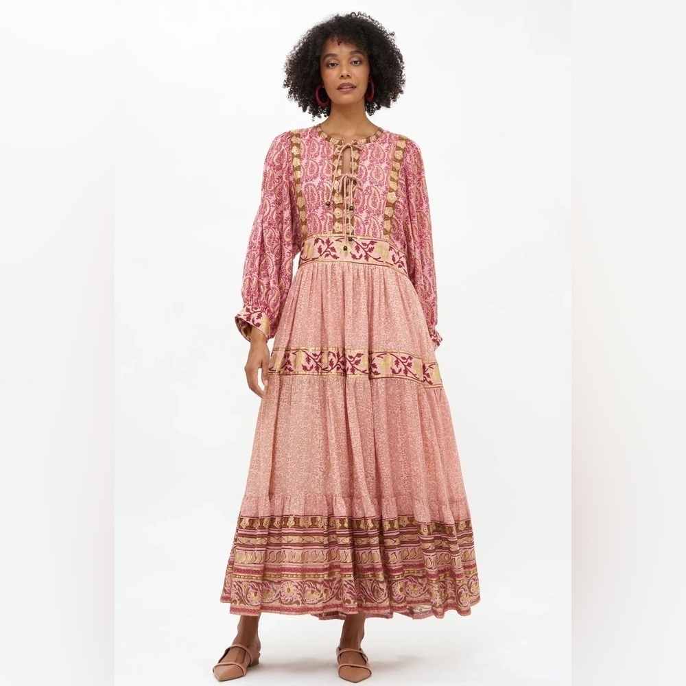 Oliphant Pink Paisley Maxi Dress with Gold Accents